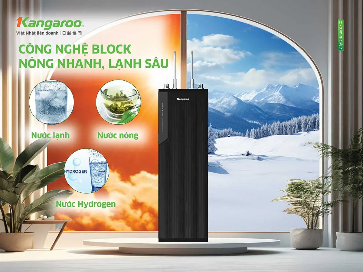 Máy lọc nước nóng lạnh Hydrogen Kangaroo KG10A68 sử dụng công nghệ làm lạnh bằng Block bền bỉ